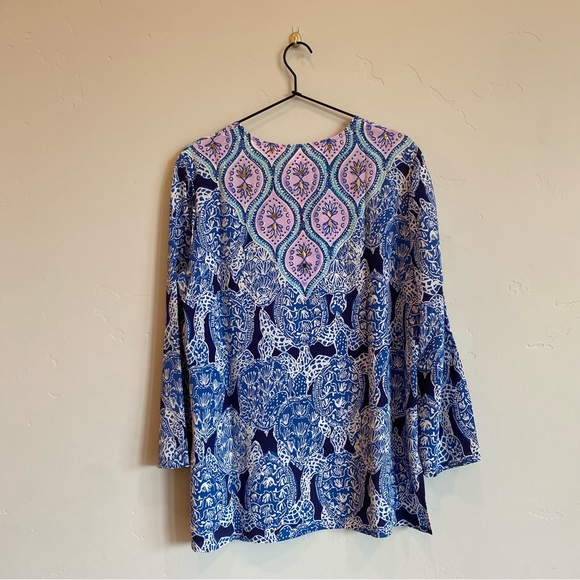 LILLY PULITZER 100% Silk Renato Tunic Deep Indigo Sea Turtle Gold Embellishment - Picture 9 of 11